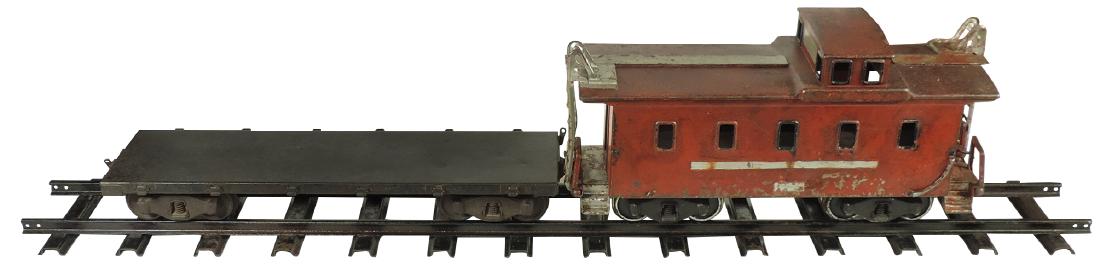 Toy train caboose & flat car, unmarked, both in VG cond: Toy train caboose & flat car, unmarked, both in VG cond w/old paint, 20" & 18"L, comes w/1 section of early Buddy "L" 48" track stamped Buddy "L".