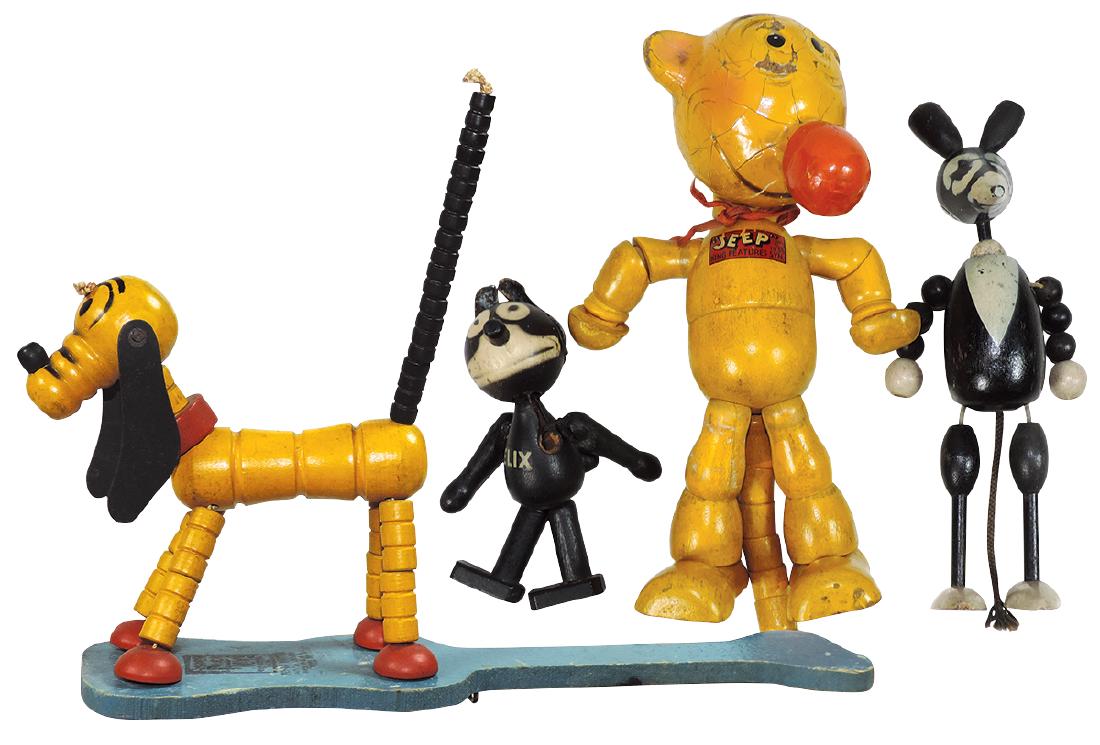 Toy jointed wood figures (4), Popeye Eugene The Jeep,: Toy jointed wood figures (4), Popeye Eugene The Jeep, c.1935, Fisher-Price Pluto, Jaymar Krazy Kat Ignatz Mouse & Felix the Cat Licensed by Pat Sullivan, all VG cond, 4.25" to 7"H.