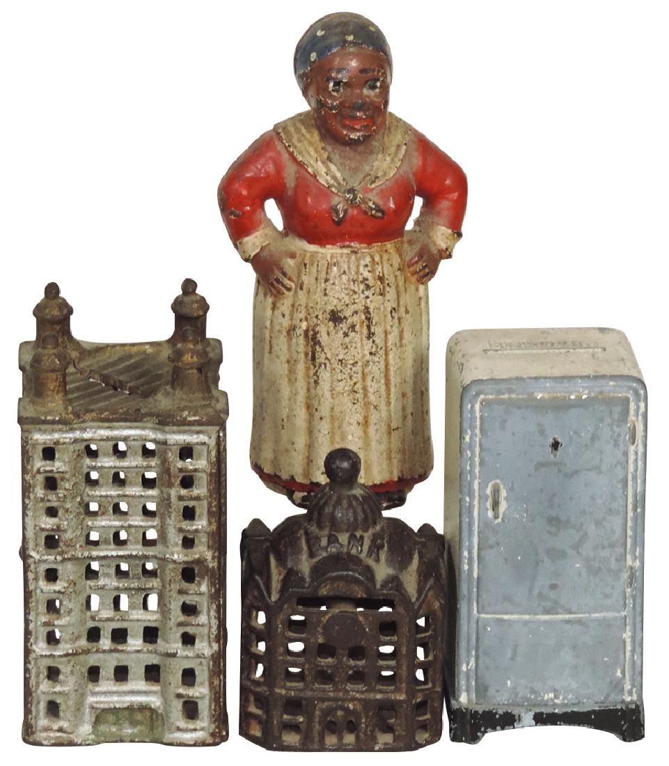 Toy banks (4), 2 cast iron bank buildings, cast iron