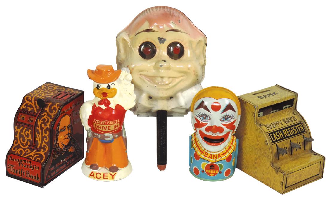 Toy banks & Archie Halloween sparkler (5), Ronson Toy: Toy banks & Archie Halloween sparkler (5), Ronson Toy litho on metal sparkler-patd 1918-1923, Benjamin Franklin, Happy Days & clown banks by Louis Marx & Chein, Arctic Circle Drive-In bank (chipped fi