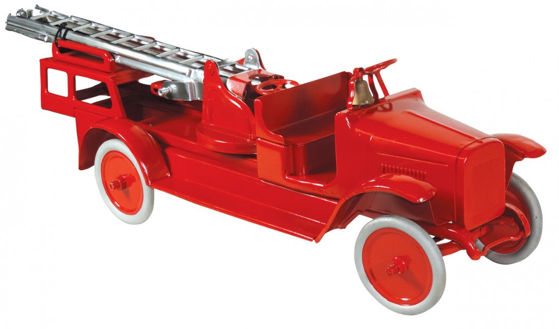 Toy Buddy "L" Aerial Truck Model 205-B, painted pressed: Toy Buddy "L" Aerial Truck Model 205-B, painted pressed steel, crimped rod bumper, red wheels w/alum tires, full length running boards from front to rear fenders, missing decals, repainted w/replaced 