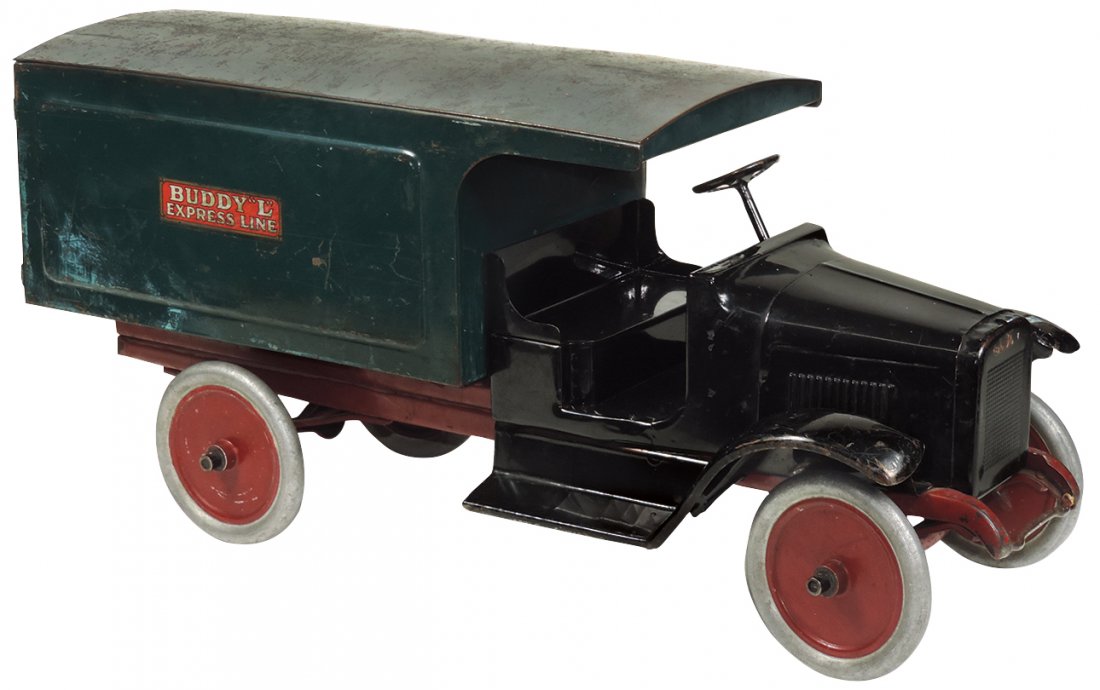 Toy Buddy "L" Express Line, painted pressed steel, gree: Toy Buddy "L" Express Line, painted pressed steel, green solid van body w/driver's overhang, open cab, alum wheels, VG orig cond, 25"L.