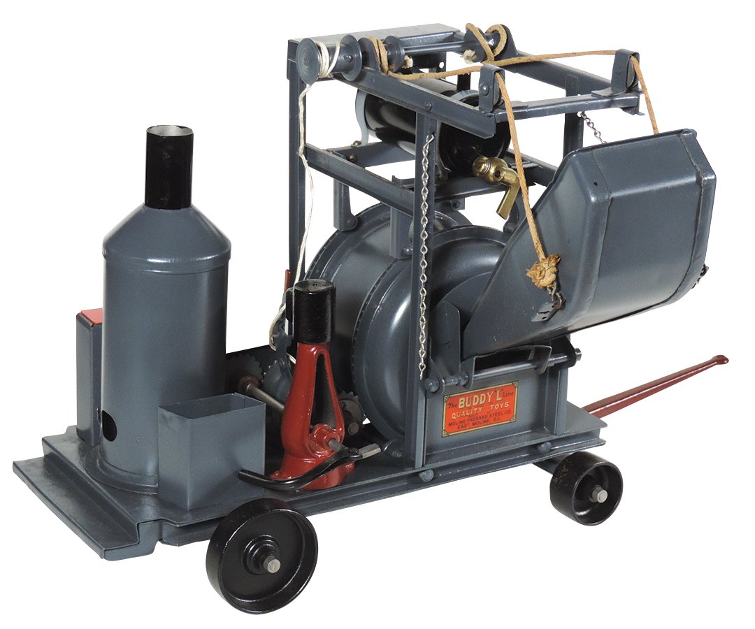 Toy Buddy "L" Concrete Mixer No. 280, painted pressed s: Toy Buddy "L" Concrete Mixer No. 280, painted pressed steel, black water tank w/brass faucet, folding crank, gears & clutch raise hopper, 4 black double flanged wheels, Exc cond w/an older restoration