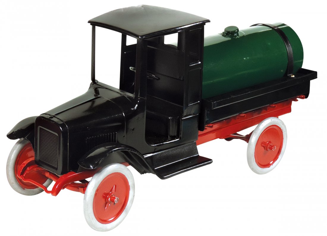 Toy Buddy "L" Tanker Line Truck Model 206-A, painted pr: Toy Buddy "L" Tanker Line Truck Model 206-A, painted pressed steel, door less cab w/short running boards, red crimped rod bumper & disc wheels w/alum tires, dark green tank w/brass facet at rear, c.19