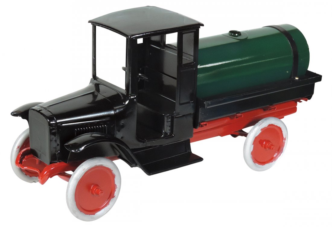 Toy Buddy "L" Tanker Line Truck Model 206-A, painted pr: Toy Buddy "L" Tanker Line Truck Model 206-A, painted pressed steel, door less cab w/short running boards, red crimped rod bumper & disc wheels w/alum tires, dark green tank w/brass facet at rear, c.19