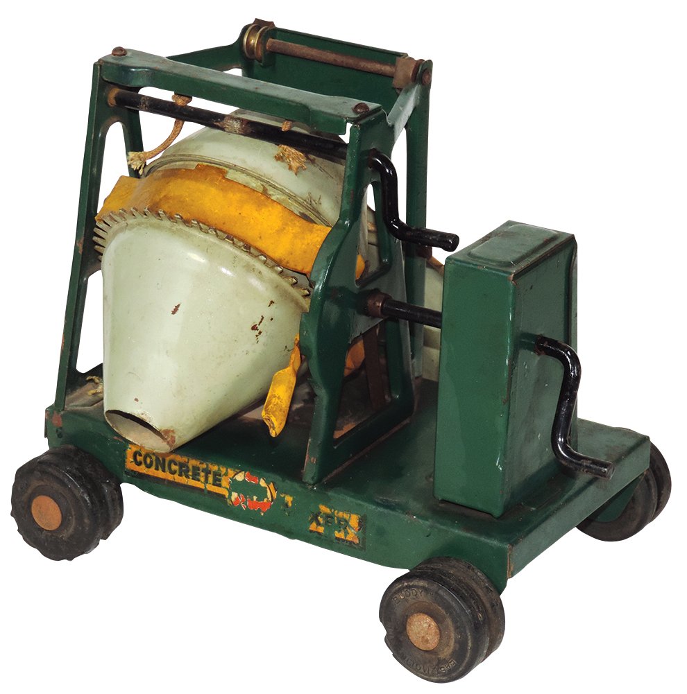 Toy Buddy "L" Concrete Mixer 832, painted pressed steel: Toy Buddy "L" Concrete Mixer 832, painted pressed steel w/black rubber wheels, crank raises loading hopper & rotates drum, lever tilts drum for loading or discharge, c.1949, VG orig cond w/worn decals