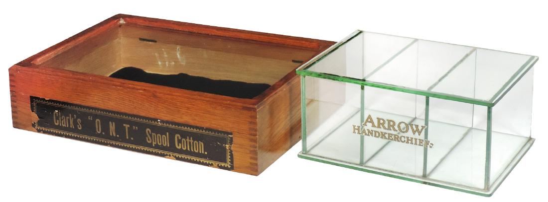 Country store display cases (2), Arrow Handkerchiefs,: Country store display cases (2), Arrow Handkerchiefs, glass w/3 compartments & Clark's "O.N.T." Spool Cotton, oak w/glass lid & paper label, small nick in glass at back on Arrow, o/wise both VG+ cond,