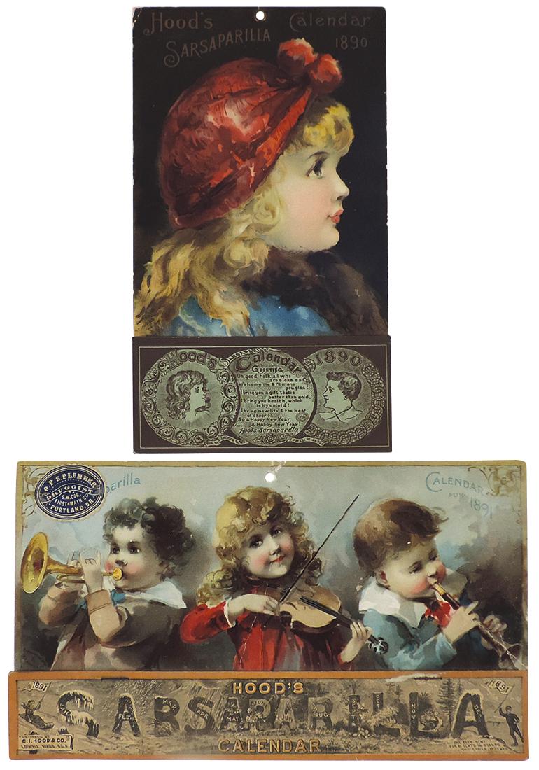 Medicine calendars for Hood's Sarsaparilla (2), 1890 &: Medicine calendars for Hood's Sarsaparilla (2), 1890 & 1891, both w/beautiful children, 1891 w/O.P.S. Plummer Druggist-Portland, OR, both complete w/cover pages & full calendar pads, 1891 in Good+ con