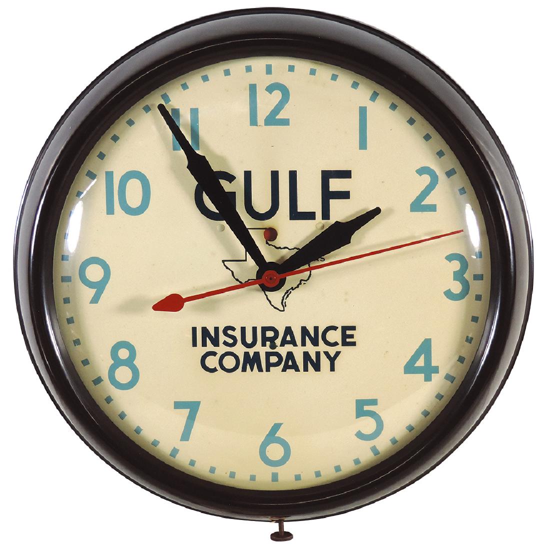 Insurance clock, Gulf Insurance Company, by General: Insurance clock, Gulf Insurance Company, by General Electric Co., electric, state of Texas on dial, Bakelite case w/curved glass lens, Exc working cond, 15"Dia.