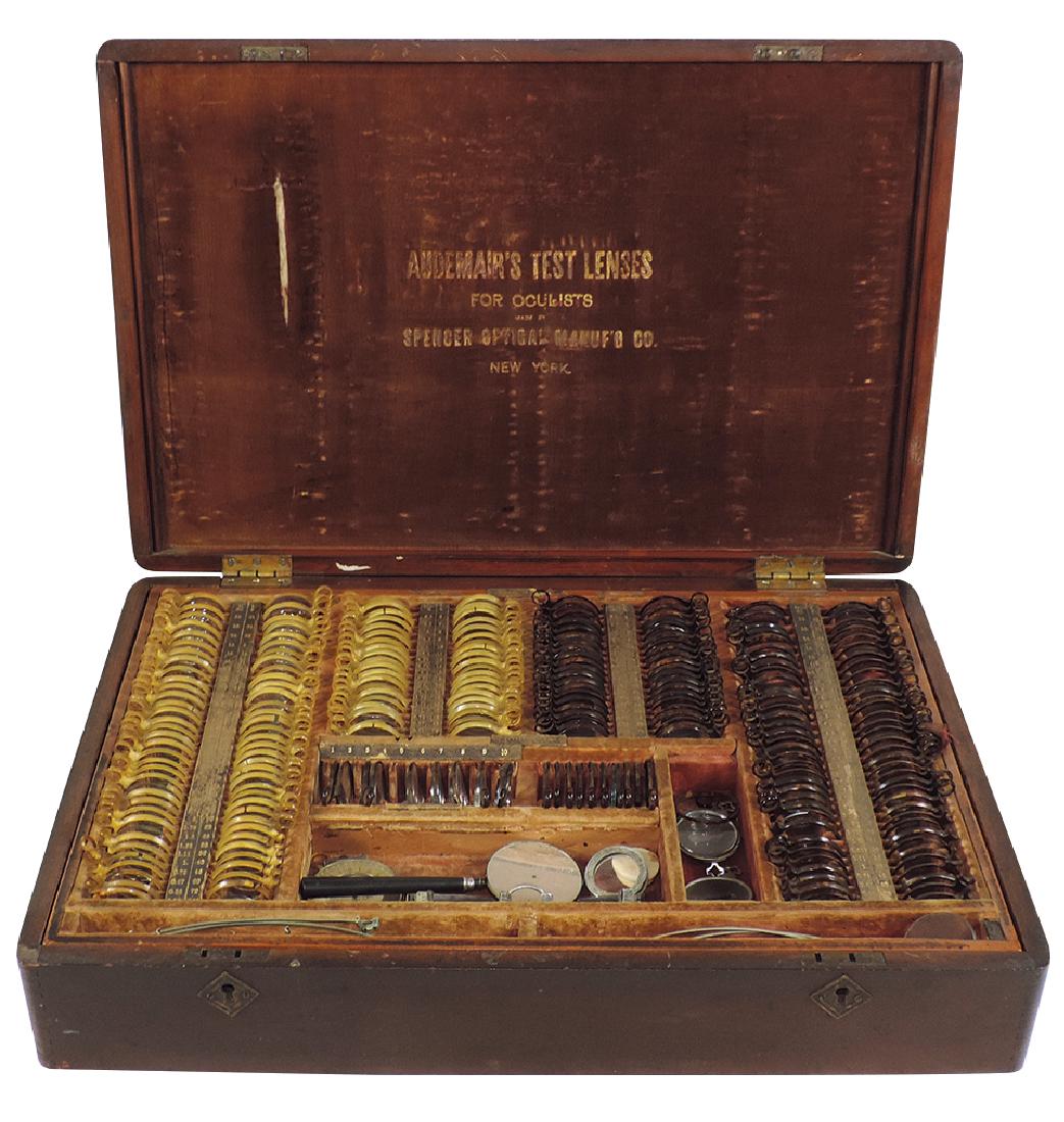 Optometrist cabinet, Audemair's Test Lenses for: Optometrist cabinet, Audemair's Test Lenses for Oculists, from "The Spencer Optical Manuf'd Co., NY", includes eye test charts as shown, very early 1900's, most celluloid lens holders are broken or br