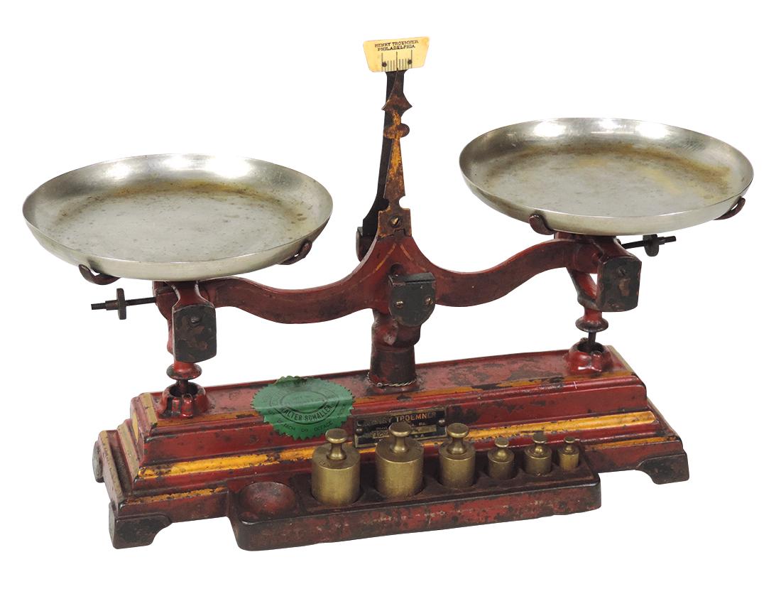 Drug store balance scale, Henry Troemner: Drug store balance scale, Henry Troemner Maker-Philadelphia, PA, cast iron w/orig paint & stenciling, built-in holder for weights, brass pans, complete w/weights, VG+ o/all working cond w/some paint w