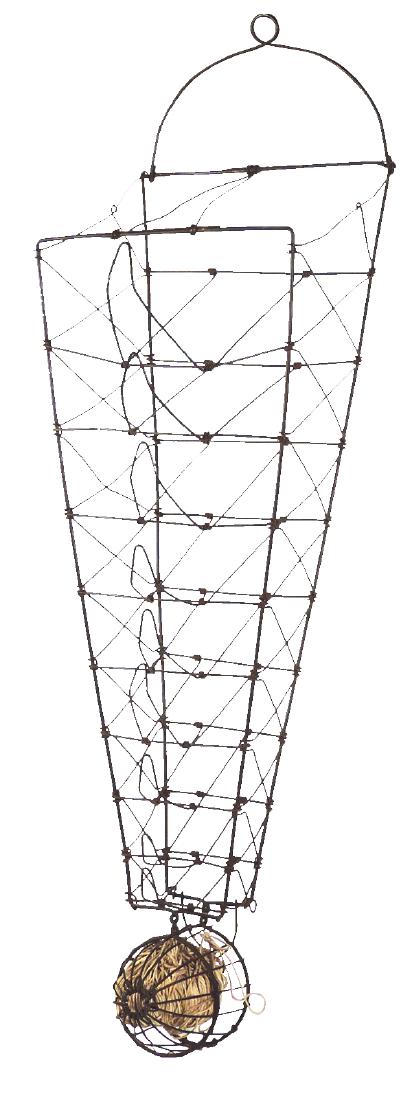 Country store wall-mounted bag rack w/string holder,: Country store wall-mounted sack rack w/string holder, wire, will hold 9 different-sized bags & ball of string, Exc cond, 37"L x 10"W.