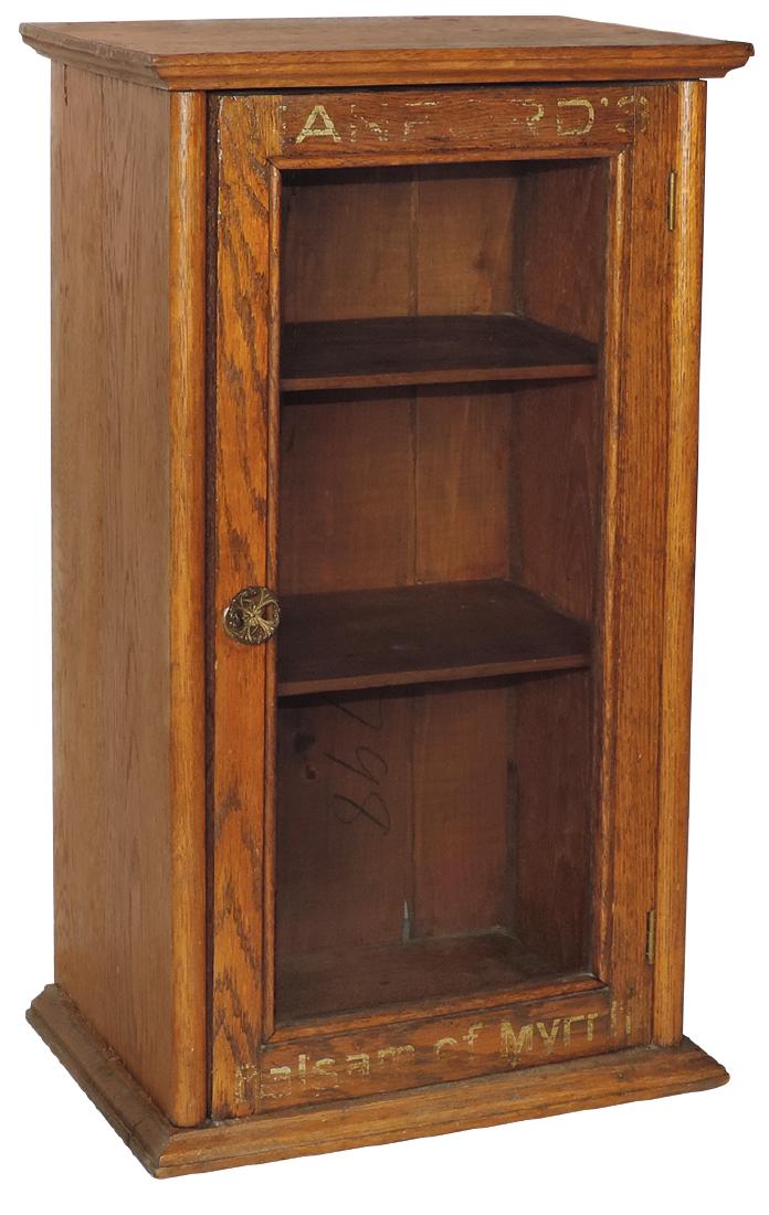 Veterinarian cabinet, Hanford's Balsam of Myrrh, oak: Veterinarian cabinet, Hanford's Balsam of Myrrh, oak w/glass window, VG cond w/worn lettering, 24"H x 14"W x 10"D.