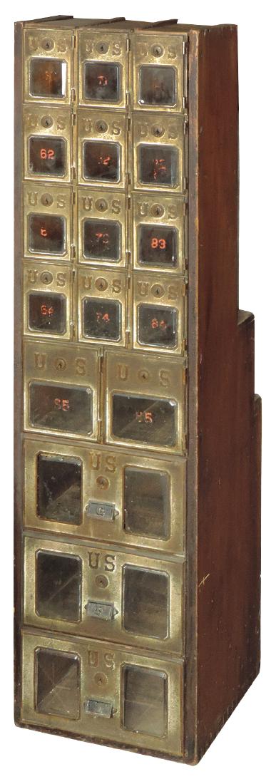 Country store post office mailboxes, wood w/metal: Country store post office mailboxes, wood w/metal fronts marked "U.S.", 17 lock boxes, open cubbies at back, c.1915, VG cond w/a good look, no keys, 46"H x 12"W x 14"D.