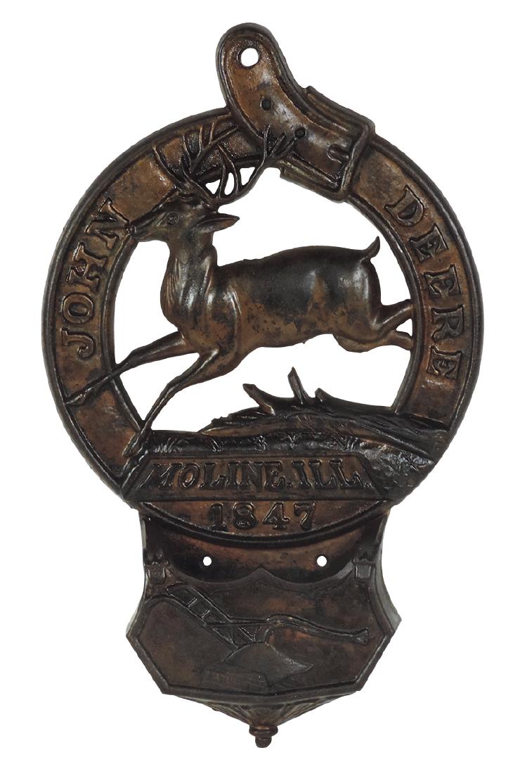 John Deere hanging letter holder, embossed cast iron,: John Deere hanging letter holder, embossed cast iron, "Moline, Ill 1847", small weld & solder repair on back side only, VG cond w/some orig bronze patina, 18.5"H x 11"W.