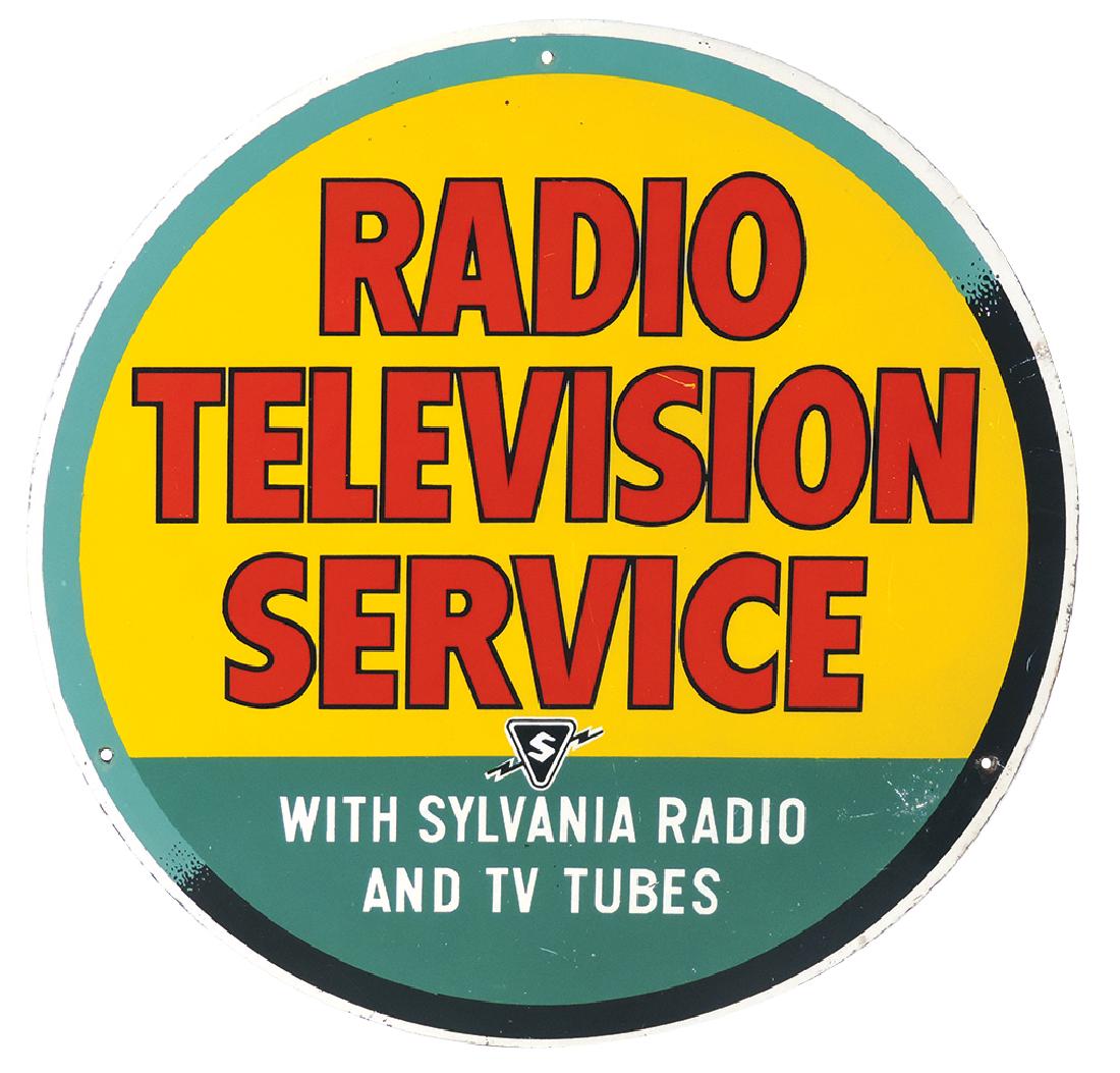 Radio/Television sign, Sylvania Radio and TV Tubes,: Radio/Television sign, Sylvania Radio and TV Tubes, 2-sided litho on metal, VG+/Exc cond, 16"Dia.