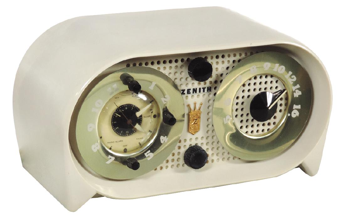 Clock/radio, Zenith Model G516W, plastic ivory case: Clock/radio, Zenith Model G516W, plastic ivory case w/gold colored dials, both radio & clock work, c.1950, Exc cond, 6"H x 12"W.