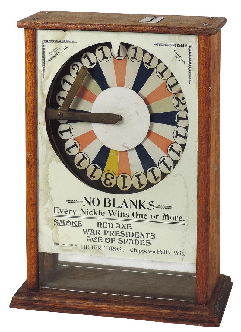 Coin-operated trade stimulator, Bennett &: Coin-operated trade stimulator, Bennett & Co.-Kalamazoo, MI, every nickel wins 1 or more cigars, wood & glass case w/orig cdbd face on both front & back, some stain on cdbd, o/wise Exc cond, 16"H x 12