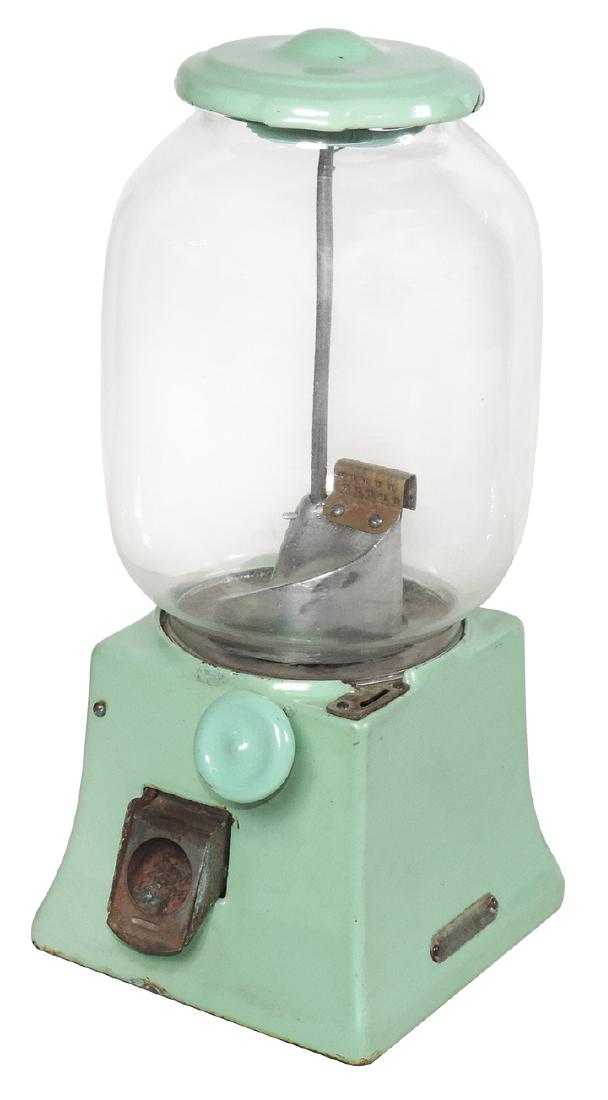 Coin-operated vendor, Northwestern Merchandiser, mint: Coin-operated vendor, Northwestern Merchandiser, mint green porcelain, w/glass globe, 1 Cent machine, c.1931, Exc cond w/o key, 16"H.