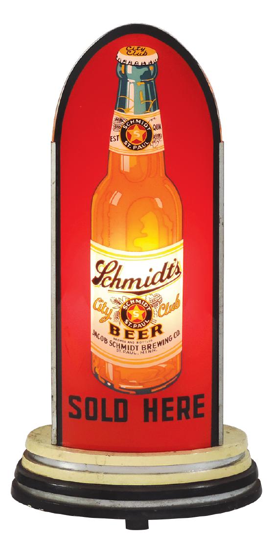 Breweriana bullet sign, Jacob Schmidt Brewing Co.-St.: Breweriana bullet sign, Jacob Schmidt Brewing Co.-St. Paul, Minn., reverse-paint-on-glass & metal light-up on wood base, very colorful, Exc working cond w/frayed cord, 14.5"H x 7"W.