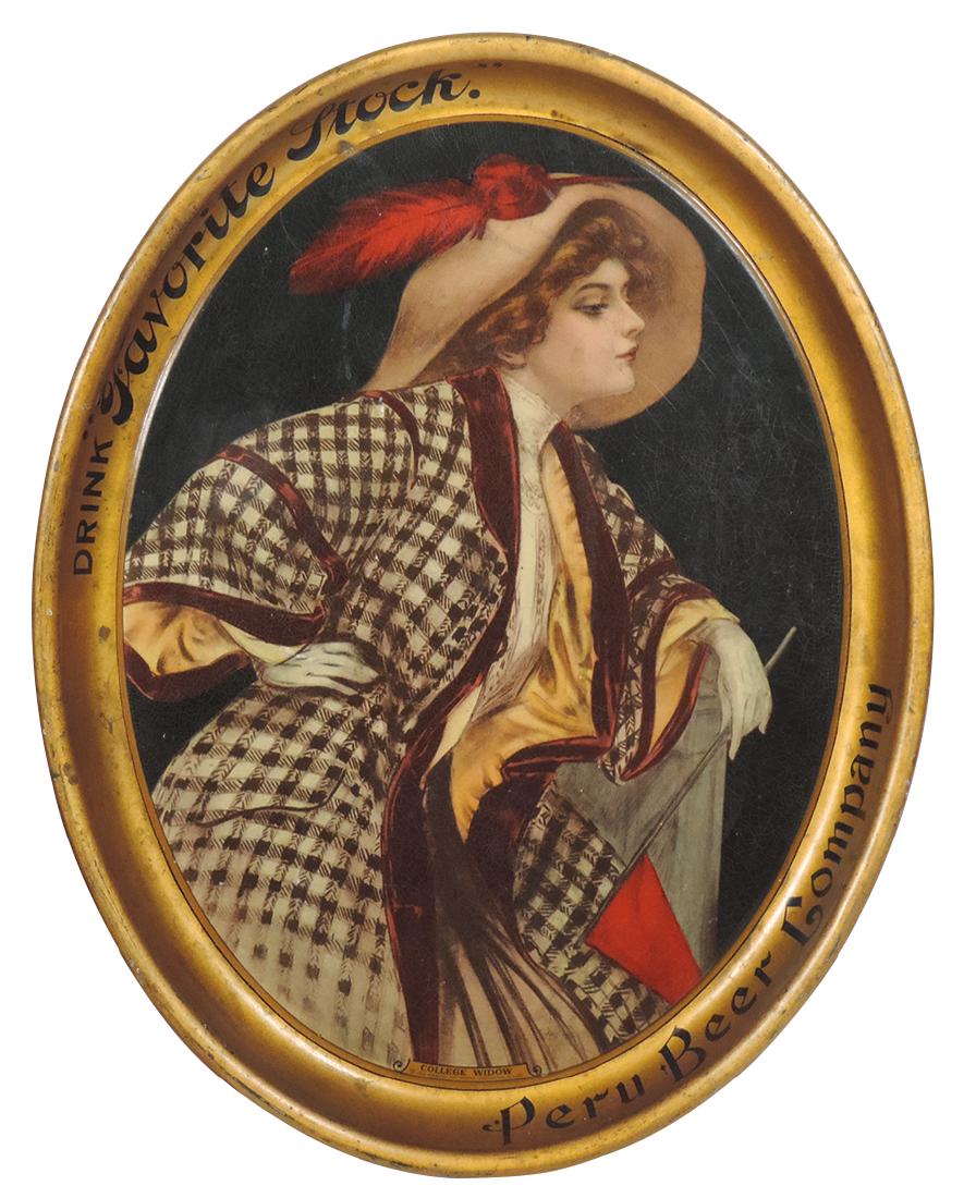 Breweriana tray, Favorite Stock from Peru Beer Company,: Breweriana tray, Favorite Stock from Peru Beer Company, titled "College Widow", litho on metal w/beautiful woman holding a flag at a college football game, dated 1913 & by the American Art Works Co.-C