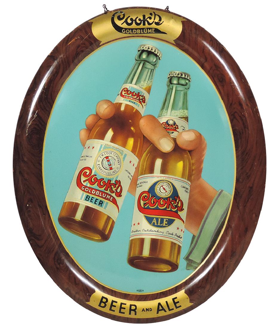 Breweriana sign, Cook's Beer and Ale, large oval w/hand: Breweriana sign, Cook's Beer and Ale, large oval w/hand holding bottle of each, very colorful litho on metal w/embossed wood-grained frame, Union Label from Coshocton, O. & orig chain hanger, an early