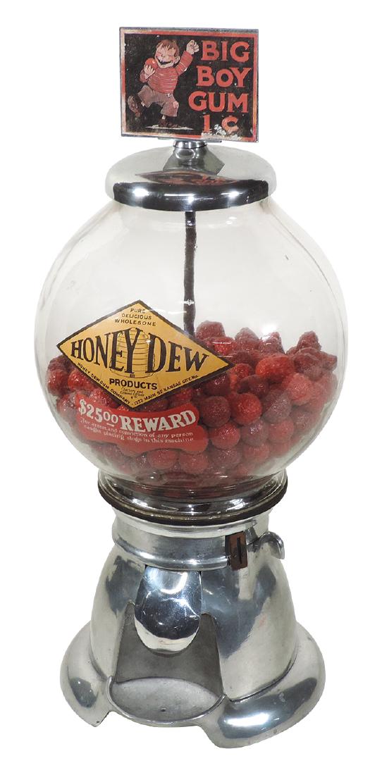 Coin-operated ball gum vendor, Bluebird Honey Dew 1: Coin-operated ball gum vendor, Bluebird Honey Dew 1 Cent, mfgd by Honey Dew Gum Co.-Kansas City, MO, cast alum w/glass globe & orig transfers, Big Boy 1 Cent Gum marquee, c.1915, Exc working cond, 19.