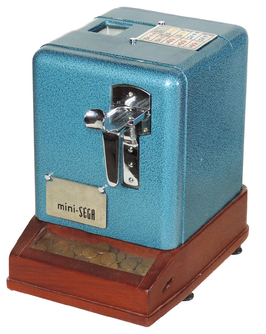 Coin-operated slot machine, Mills Vest Pocket: Coin-operated slot machine, Mills Vest Pocket mini-Sega, 3-reel 1 Cent machine on wood base, Exc+ cond, 11"H x 7.5"W x 10.5"D.