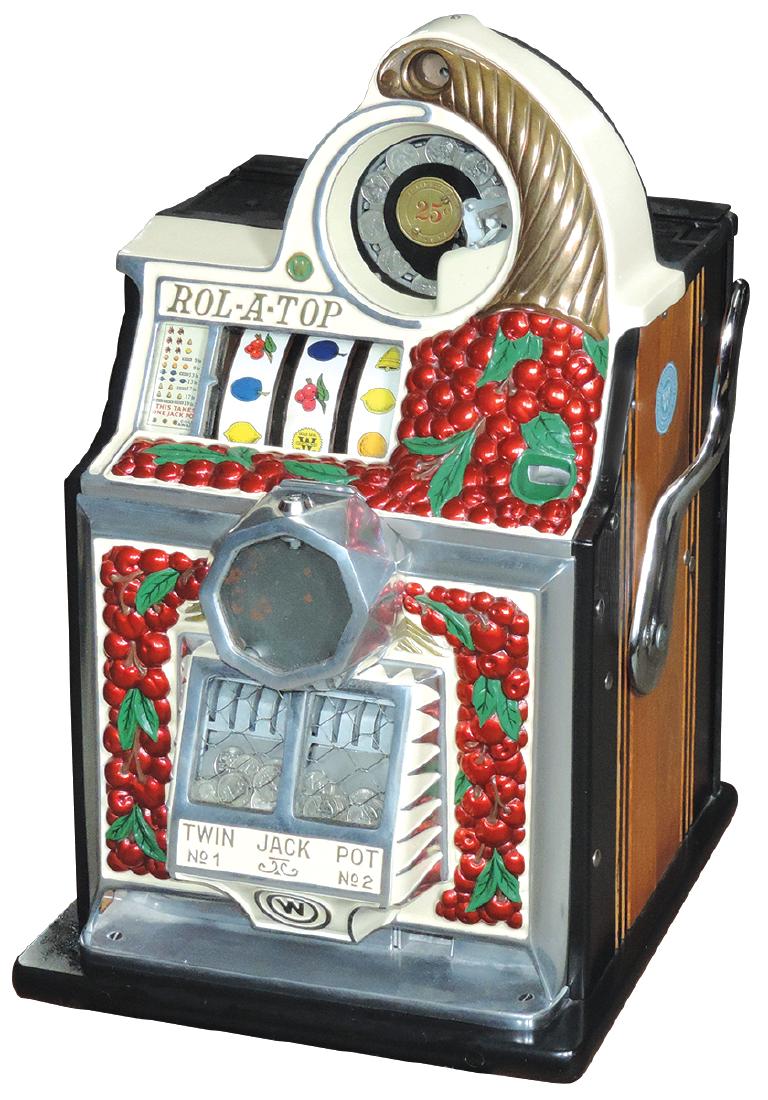 Coin-operated slot machine, Watling Rol-A-Top Cherry: Coin-operated slot machine, Watling Rol-A-Top Cherry Front w/twin & Diamond jackpot front, 25 Cent play, c.1936, beautiful Restored cond, 27"H x 16"W x 14"D.
