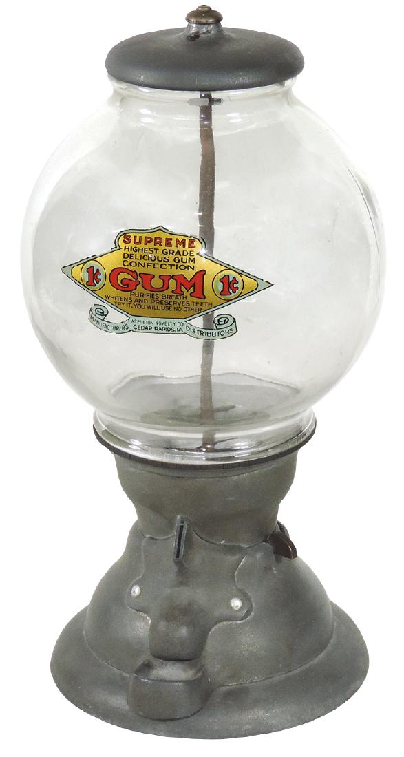 Coin-operated gum vendor, Supreme, mfgd by Appleton: Coin-operated gum vendor, Supreme, mfgd by Appleton Novelty Co.-Cedar Rapids, IA, alum w/glass globe & orig decal, Exc+ working cond, 17"H.