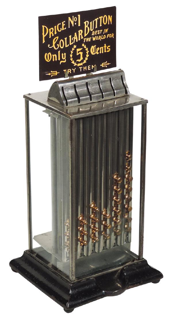 Coin-operated Zeno collar button vendor, cast iron &: Coin-operated Zeno collar button vendor, cast iron & glass 5 Cent vendor w/product, vends Price No.1 Collar Buttons according to replacement marquee, vendor marked Zeno Button Co.-Indianapolis, patd 1