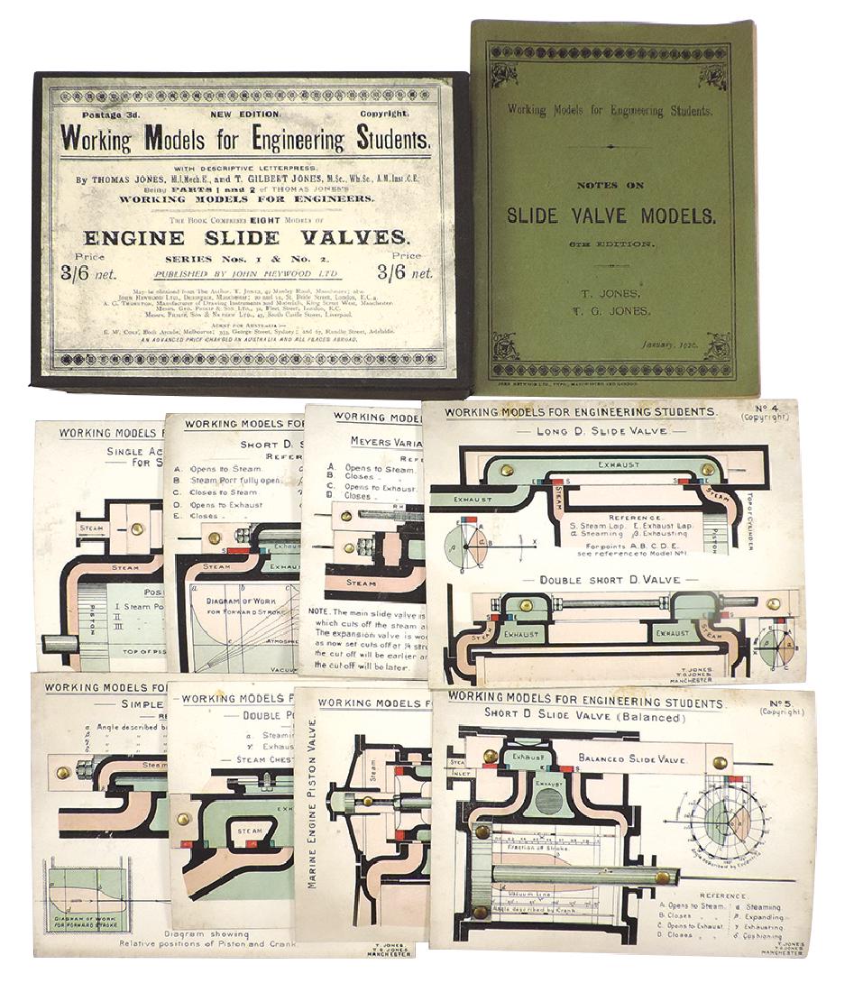 Engineering Working Models for Engine Slide Valves,: Engineering Working Models for Engine Slide Valves, Series I & II, by Thomas Jones, Published by John Heywood, LTD., dated 1920, (8) working models w/sliding features, booklet w/explanation of each mo