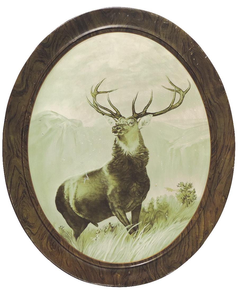 Insurance sign, Hartford Fire Insurance Co. "The: Insurance sign, Hartford Fire Insurance Co. "The Monarch of the Glen", self-framed litho on tin showing stag in wood grained oval, VG cond, 24"H x 20"W.