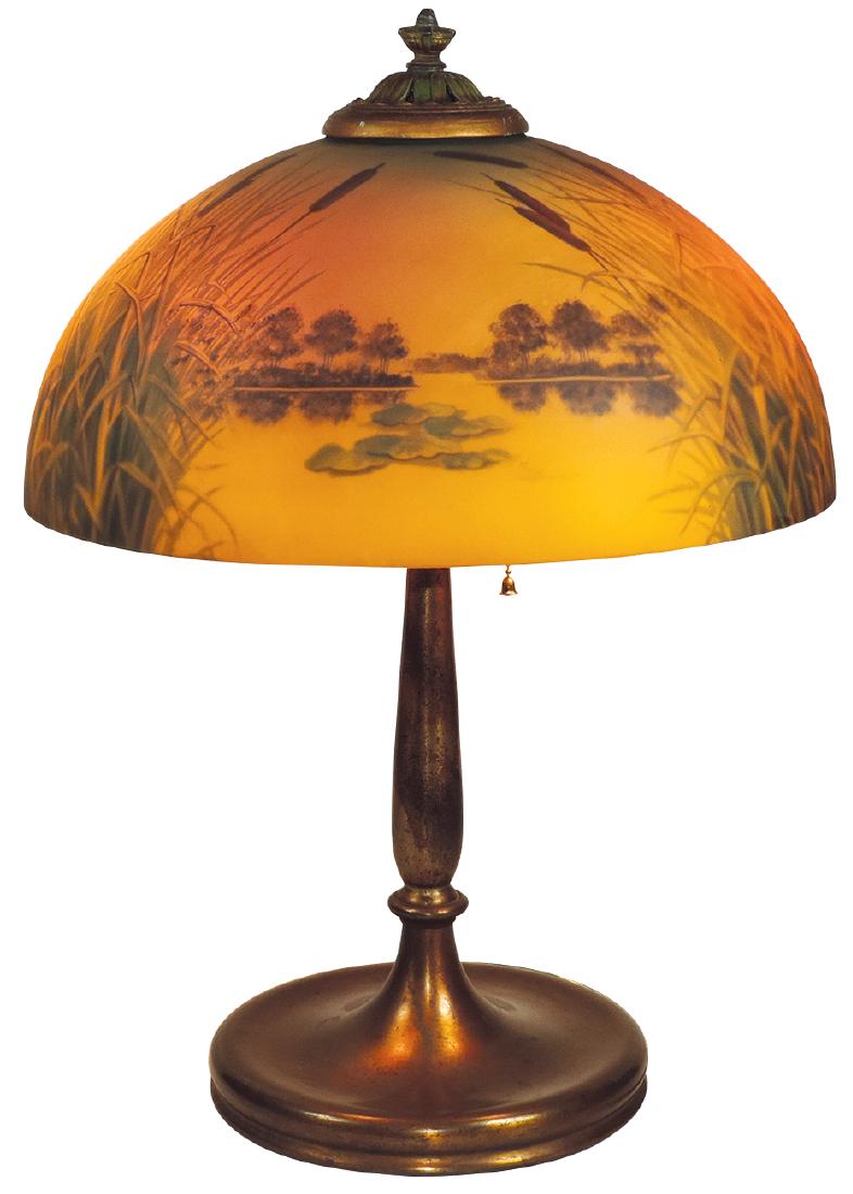 Lighting, table lamp, reverse-paint-on-glass shade: Lighting, table lamp, reverse-paint-on-glass shade w/marsh scene, cattails, water w/trees & foliage, beautiful autumn colors, metal base w/bronze patina, c.1920, a beautiful lamp in Exc working cond, 