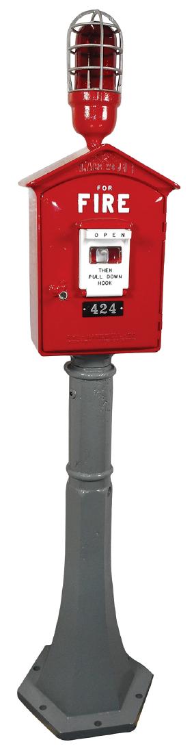 Fire alarm call box, Gamewell Co.-Newton, MA, cast iron: Fire alarm call box, Gamewell Co.-Newton, MA, cast iron floor model w/pedestal cage light, c.1920's, Exc Restored cond w/key, 55"H x 10.5"W.