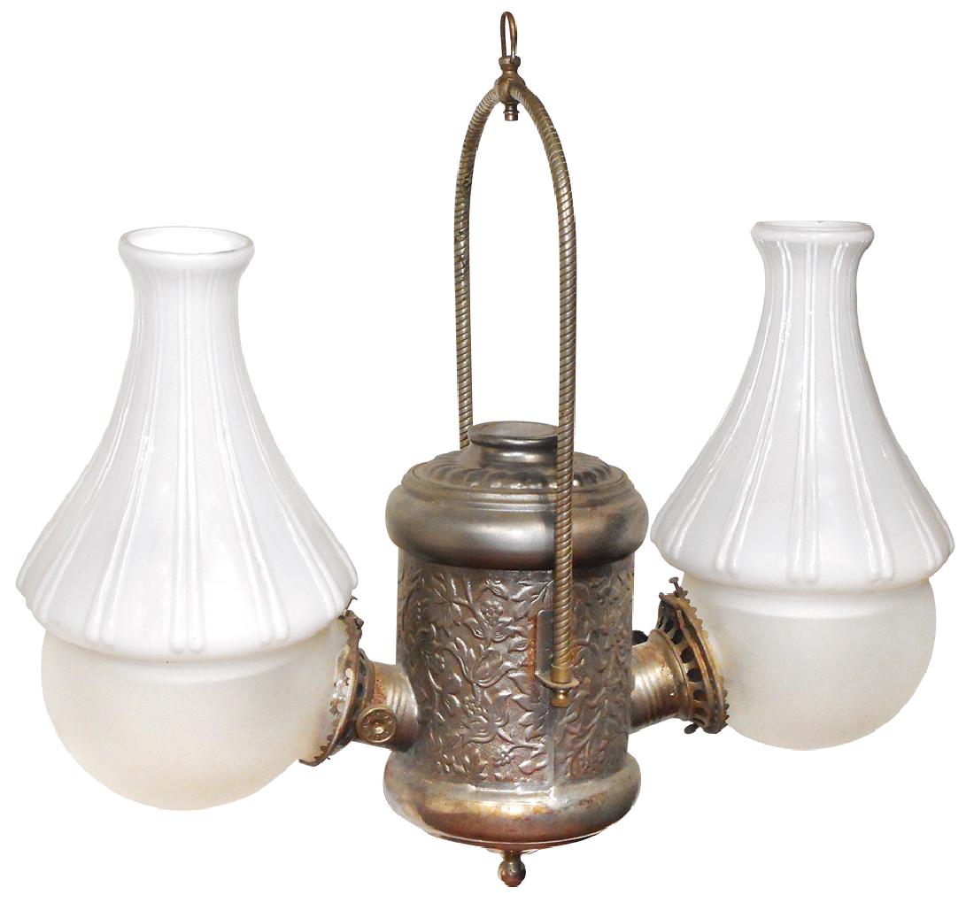 Lighting, double angle nickel-plated hanging lamp,: Lighting, double angle nickel-plated hanging lamp, embossed metal w/frosted globes & ribbed milk glass shades, roughness on lip of one frosted globe & very small chip on interior rim of 1 shade, o/wis