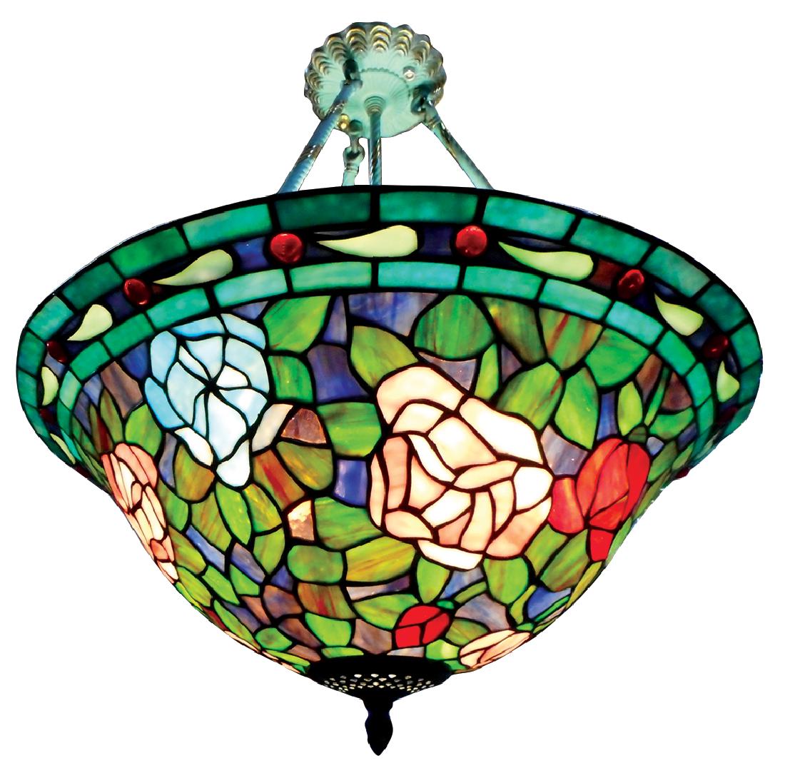 Lighting, hanging lamp, Tiffany Roses recreation, the: Lighting, hanging lamp, Tiffany Roses recreation, the best made of the Tiffany classics available, American stained glass multicolored shade w/Roses & jeweled border, wrapped & leaded in copper foil &