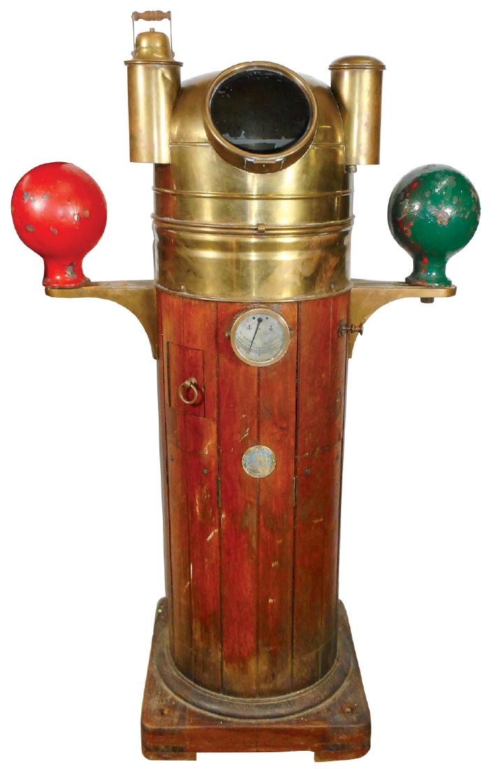 Nautical binnacle, dial reads Iver C. Weilbach & Co.: Nautical binnacle, dial reads Iver C. Weilbach & Co. Copenhagen, teak cylindrical case w/brass collar & domed lid, side mounted cast iron compensation spheres in red & green, brass lanterns on top, VG