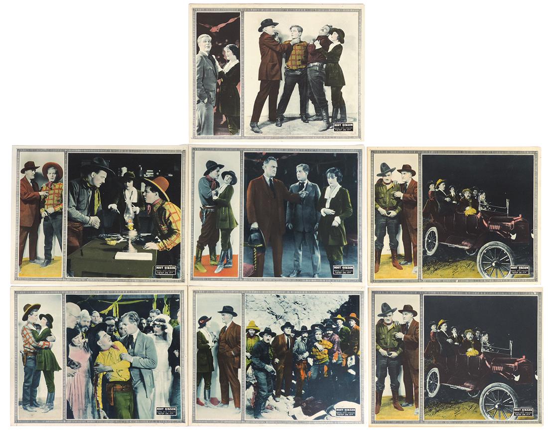 Movie silent film lobby cards (7), Cowboy Hoot Gibson: Movie silent film lobby cards (7), Cowboy Hoot Gibson in "Step on it", c.1922, a Universal Attraction presented by Carl Laemmle, colorful cdbd, 7 scenes from this early film, all Exc cond, most w/pinh