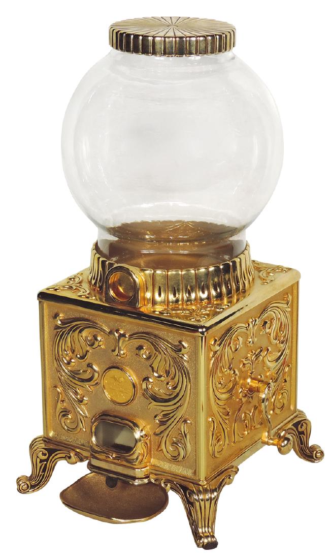 Coin-operated gumball vendor, The Norman Rockwell: Coin-operated gumball vendor, The Norman Rockwell Americana Collection from The Franklin Mint, limited edition, body coated w/24K gold, takes coins up to 25 Cents, fancy cast brass w/glass globe, Exc 