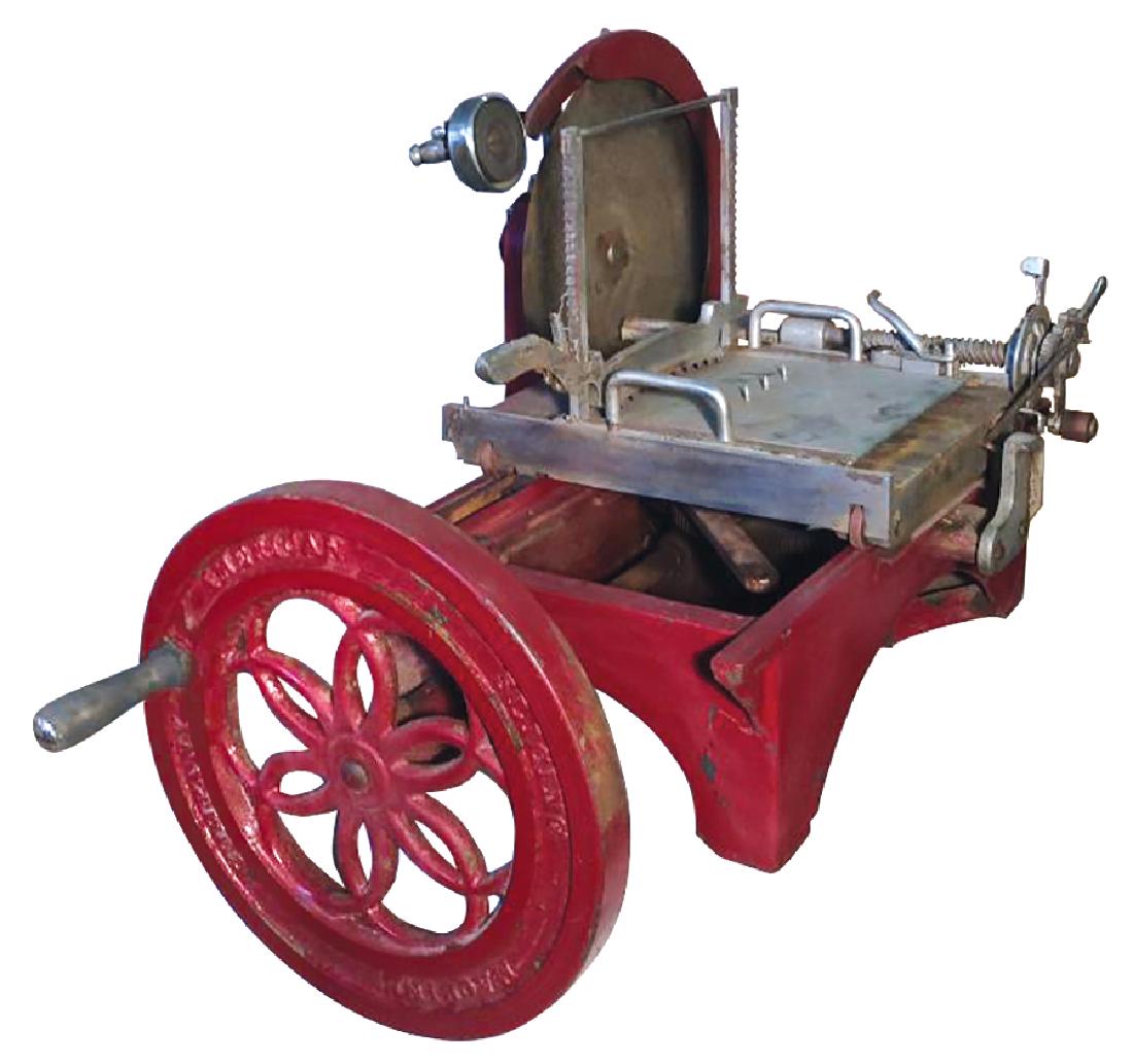 Country store meat slicer, American Slicing Machine: Country store meat slicer, American Slicing Machine Co., model unknown, comes w/meat tray & blade sharpener, early 1900's, VG working cond, 24"H x 36"W x 27"D.