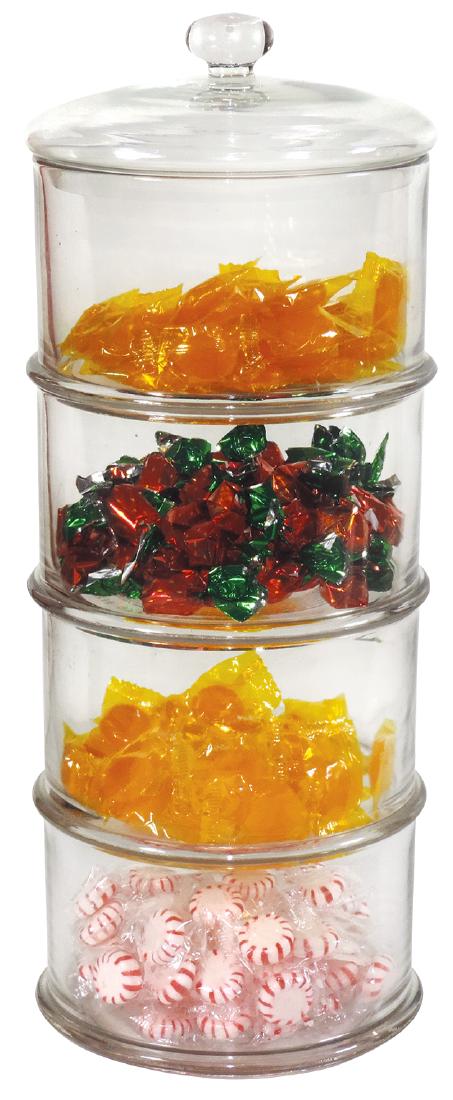 Candy stacking display jar, 4-section glass jar w/domed: Candy stacking display jar, 4-section glass jar w/domed lid, ea section reads "Patented May 20, 1873" on bottom, one section shows side bruise, o/wise Exc cond, 18"H x 7"Dia.