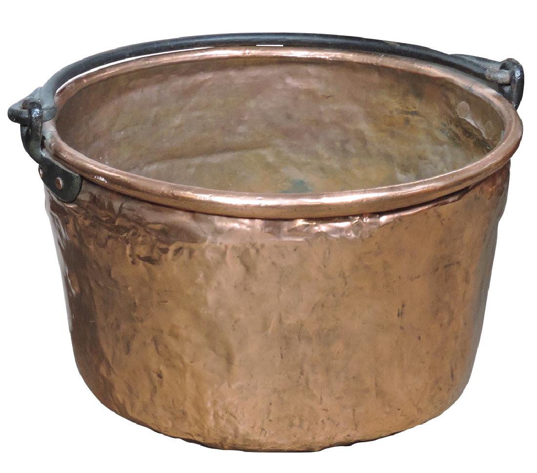 Country store candy kettle, copper w/wrought iron: Country store candy kettle, copper w/wrought iron handle, early 1900's, VG polished cond w/numerous old dents, 17"H x 28"Dia excluding handle.