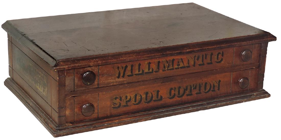 Country store spool cabinet, Willimantic Spool Cotton,: Country store spool cabinet, Willimantic Spool Cotton, "The Best Thread Sewing Machines" adv on both sides, walnut 2-drwr, VG orig cond, 7"H x 24"W x 15"D.