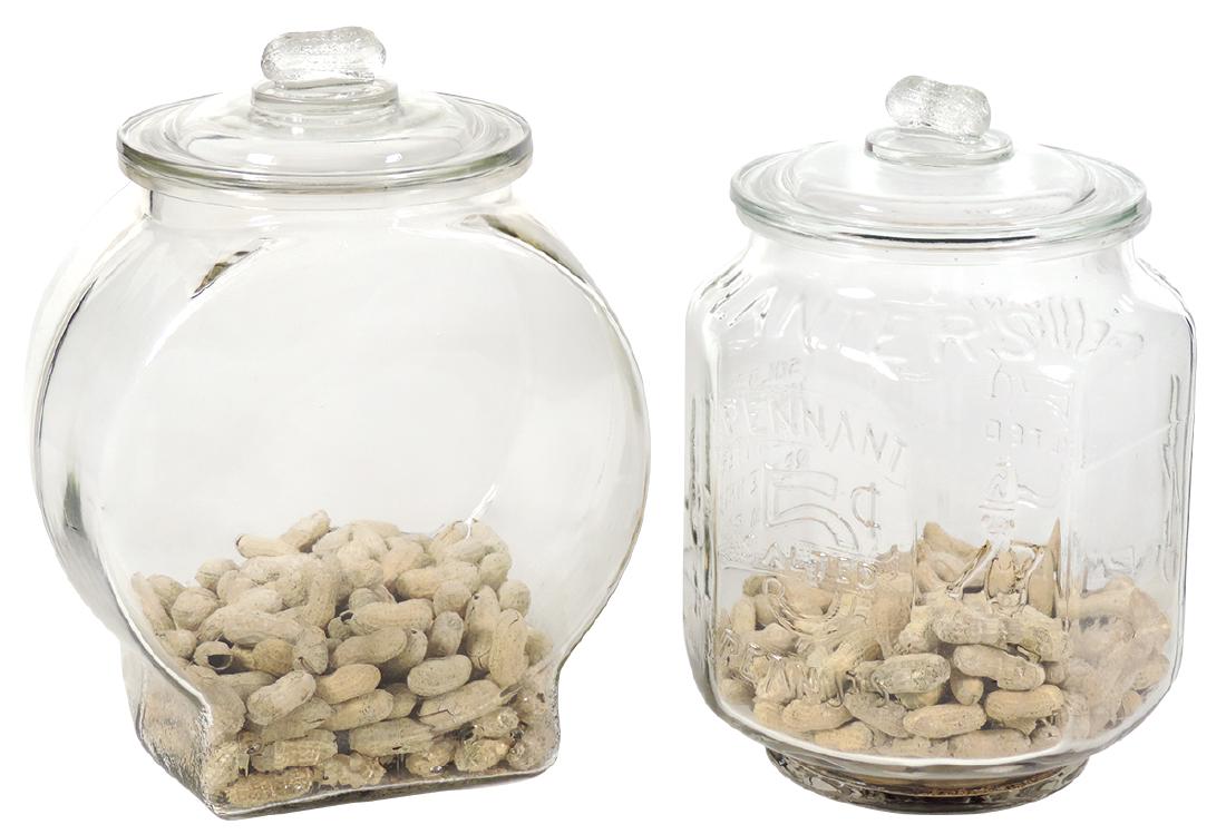 Country store Planters Peanut counter display jars (2),: Country store Planters Peanut counter display jars (2), 8-sided embossed jar w/Mr. Peanut on corners & Pennant 5 Cent Salted Peanuts on front & back, roughness on interior lip of jar, o/wise Exc cond