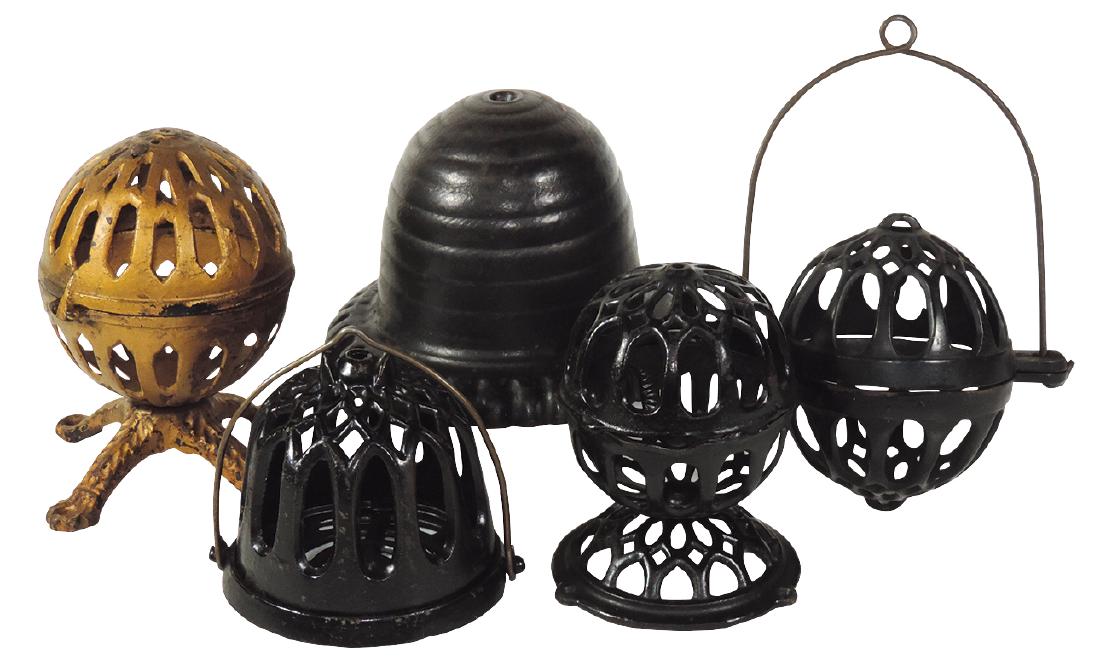 Country store string holders (5), all cast iron w/orig: Country store string holders (5), all cast iron w/orig paint, large beehive patd 1867, 5 different styles, all in Exc cond, up to 8"Dia.