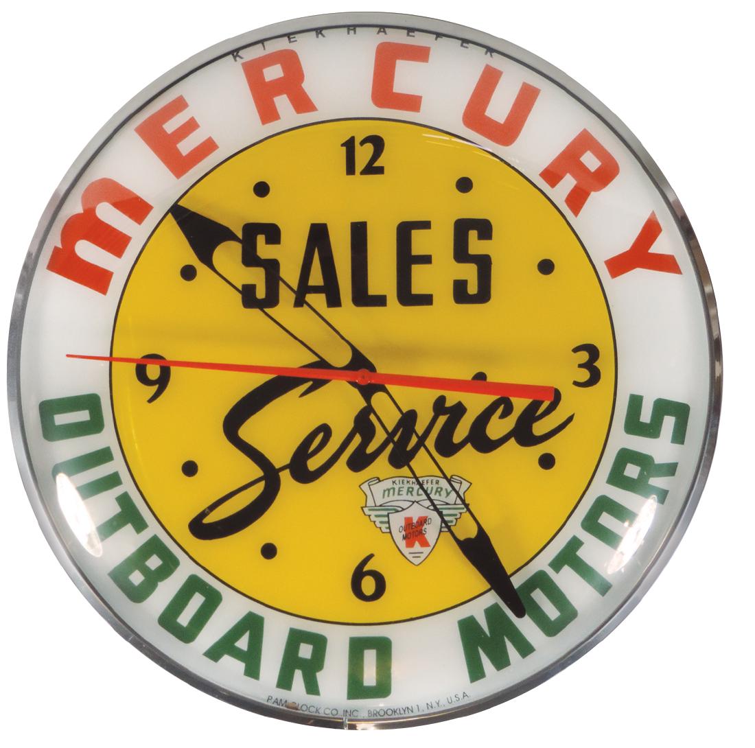 Nautical, outboard motor clock, contemporary Mercury: Nautical, outboard motor clock, contemporary Mercury Outboard Motors Sales & Service, Pam electric light-up, metal case w/glass face, Exc working cond, 15"Dia.