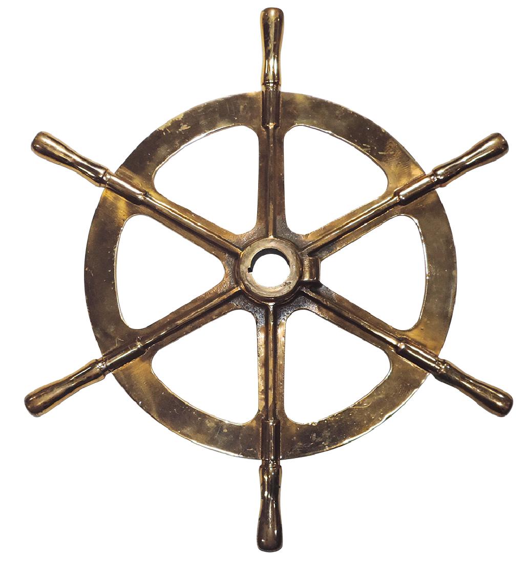 Nautical ship wheel, brass 6-spoke, Exc cond, 28.5"Dia.: Nautical ship wheel, brass 6-spoke, Exc cond, 28.5"Dia.