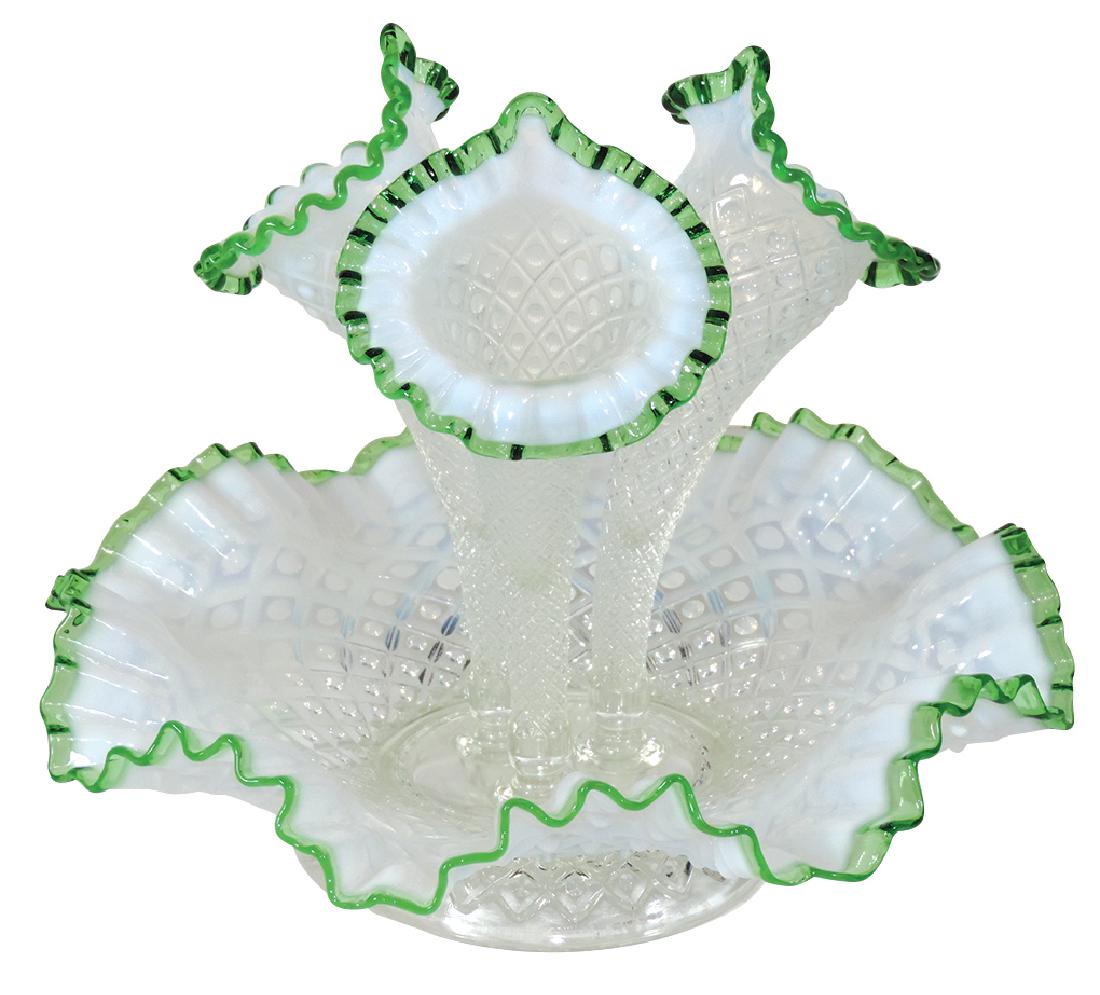 Victorian epergne, Fenton 4-pc Opalescent Diamond Lace: Victorian epergne, Fenton 4-pc Opalescent Diamond Lace w/a clear Emerald green crust edge, ruffled edge bowl w/3 Jack in the Pulpit type vases, no-harm flat chip on 2 holes used to hold vases, o/wise 