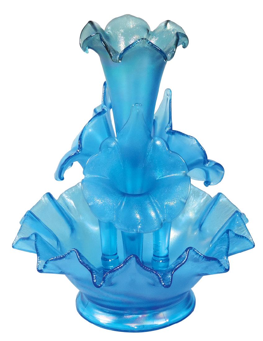 Victorian epergne, Fenton 5-pc Blue Opalescent, ruffled: Victorian epergne, Fenton 5-pc Blue Opalescent, ruffled edge bowl w/4 Jack in the Pulpit type vases, Exc cond, 14"H x 11"W.